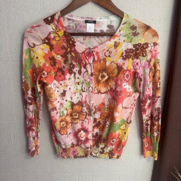 J Crew Sweater Size XS Floral Button Up Lightweight 100% Cotton Knit Thin - Picture 2 of 11